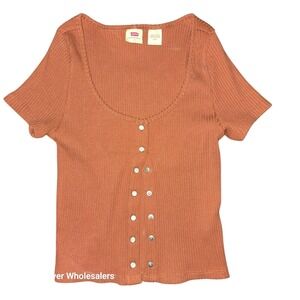 Levi's Ribbed Top Pearl Snap Casual Tee Short Sleeve Copper Size S‎